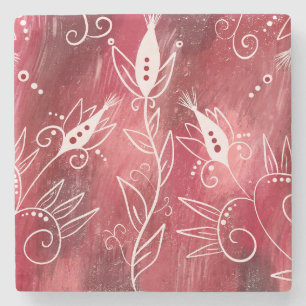 Dessous-de-verre En Pierre Motif Floral Rouge Et Blanc