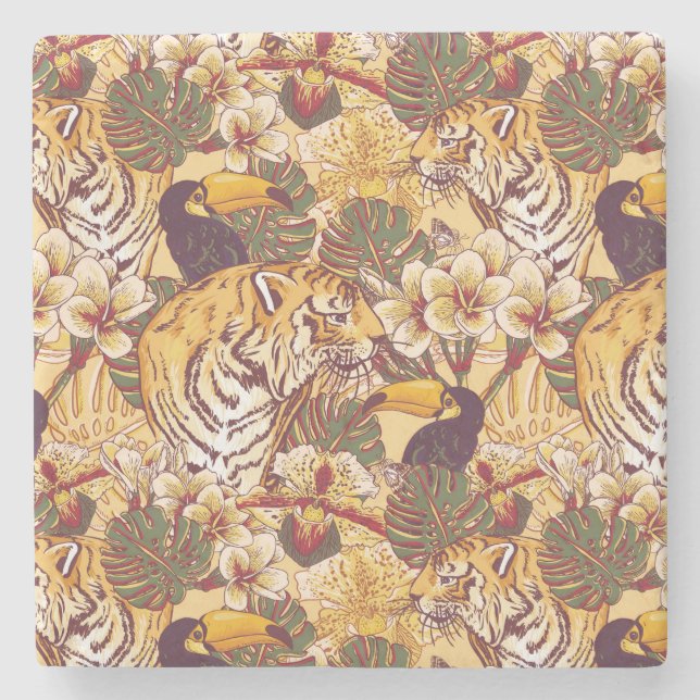 Dessous-de-verre En Pierre Motif floral tropical avec le tigre (Devant)