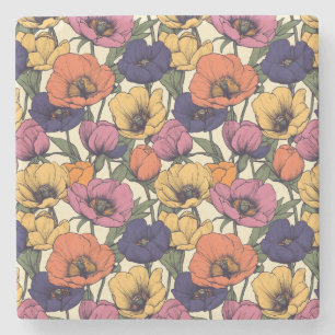 Dessous-de-verre En Pierre Motif floral vibrant avec des pavots colorés