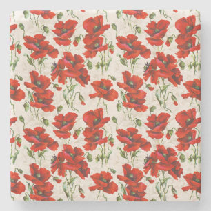 Dessous-de-verre En Pierre Motif floral vintage coquelicot rouge, Art botaniq