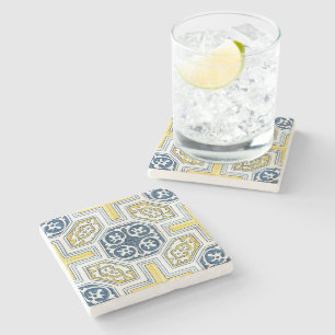 Dessous-de-verre En Pierre Motif géométrique jaune bleu vintage
