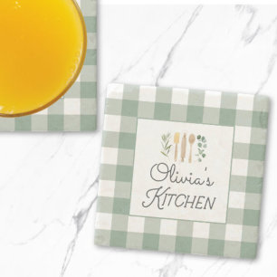 Dessous-de-verre En Pierre Motif Gingham Vert Sauge Maison de Campagne