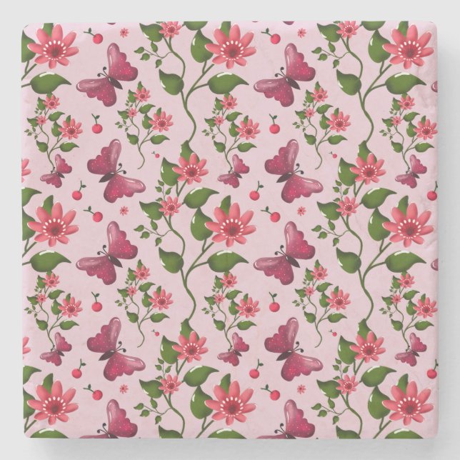 Dessous-de-verre En Pierre Motif joli papillon Cerise, Fruit Kawaii brillant (Devant)