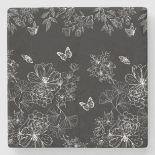 Dessous-de-verre En Pierre Motif minimaliste de la nature florale noire et bl