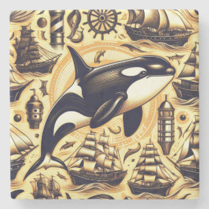 Dessous-de-verre En Pierre Motif Nautique Orca vintage