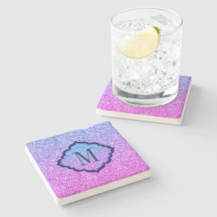 Dessous-de-verre En Pierre Motif Parties scintillant rose et bleu monogramme