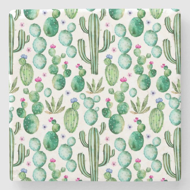 Dessous-de-verre En Pierre Motif Plante de Cactus d'aquarelle (Devant)