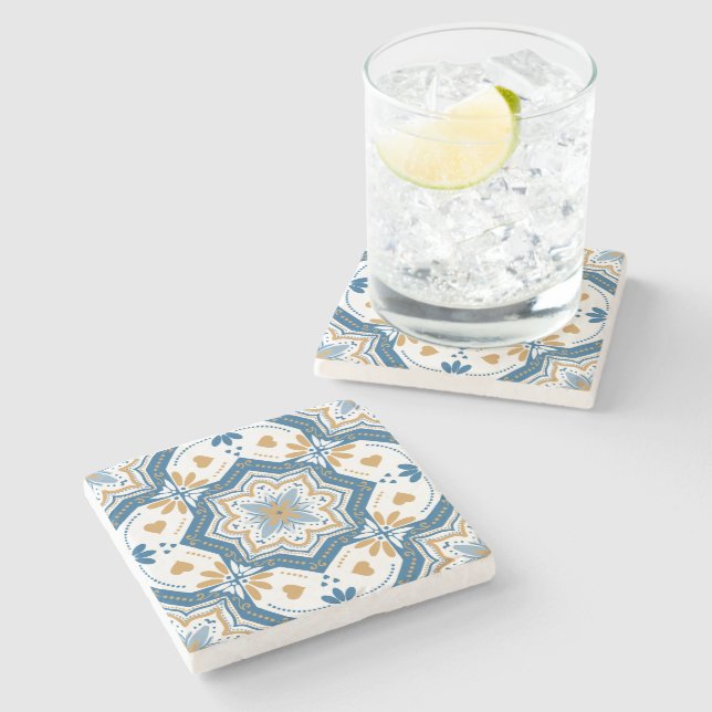 Dessous-de-verre En Pierre Motif portugais moderne Azulejo bleu jaune (Côté)