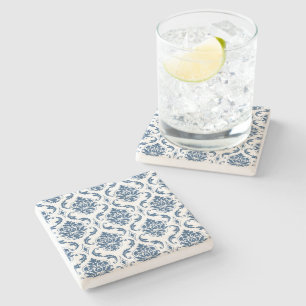 Dessous-de-verre En Pierre Motif vintage blanc nautique de damassé de bleu