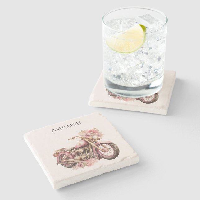 Dessous-de-verre En Pierre Motocyclette florale rose   (Côté)