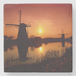 Dessous-de-verre En Pierre Moulins à vent au coucher du soleil, Kinderdijk, P