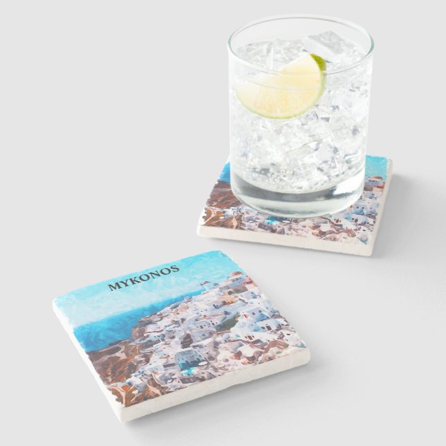 Dessous-de-verre En Pierre Mykonos Grèce aquarelle peinture (Côté)