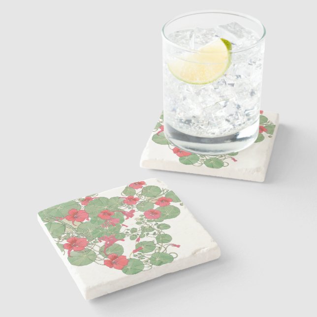 Dessous-de-verre En Pierre Nasturtiums rouges | Antique Lithographie 1896 (Côté)