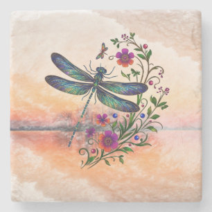 Dessous-de-verre En Pierre Nature Colorée Libellule Vibrante Art Floral
