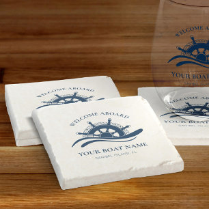 Dessous-de-verre En Pierre Nautical Boat Name Ship Wheel Welcome Aboard