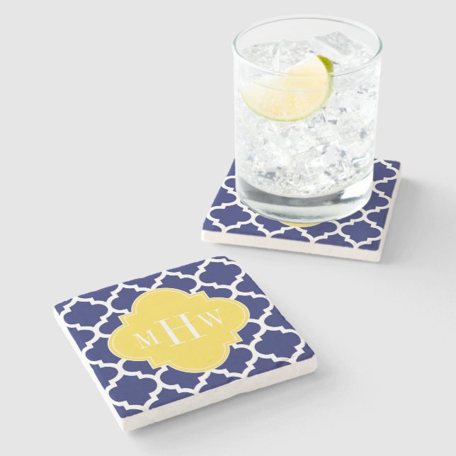 Dessous-de-verre En Pierre Navy Wht Moroccan #5 Pineapple 3 Initial Monogram (Côté)