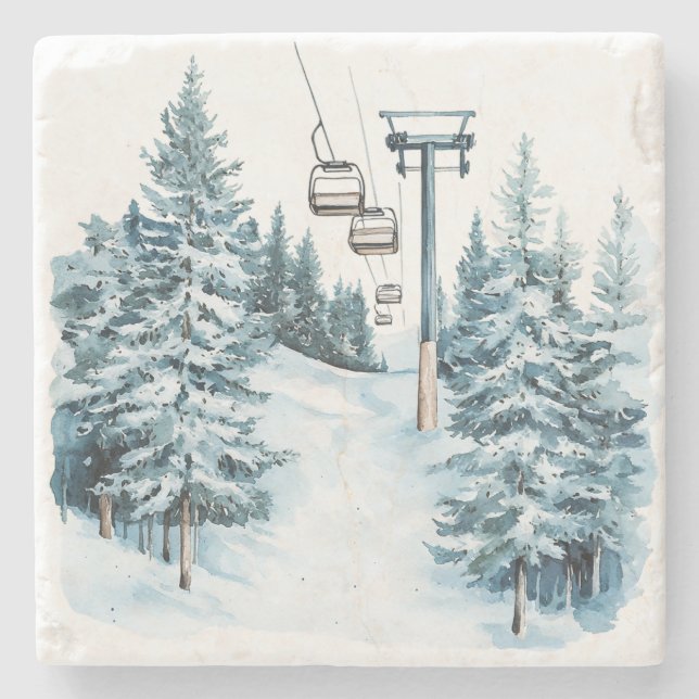 Dessous-de-verre En Pierre Neige d'hiver Ski (Devant)