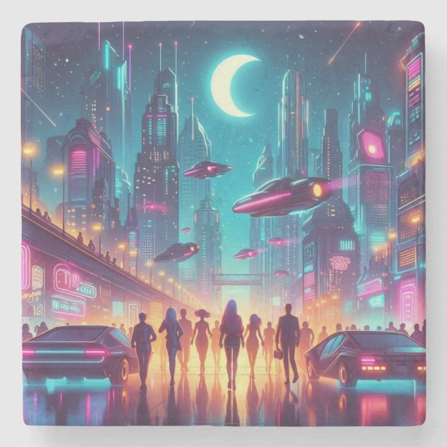 Dessous-de-verre En Pierre Neon Cityscape (Devant)