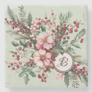 Dessous-de-verre En Pierre Noël Aquarelle Fleurs Roses Baies Pierre Coa