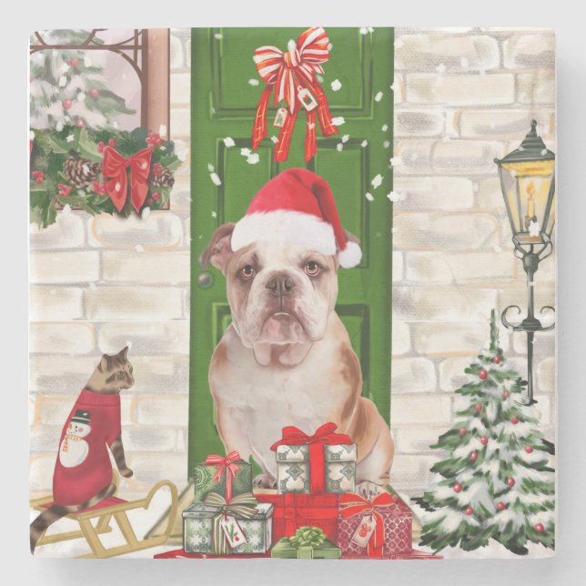 Dessous-de-verre En Pierre Noël de Bulldog anglais (Devant)