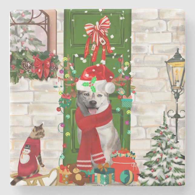 Dessous-de-verre En Pierre Noël de Chien Husky Sibérien (Devant)