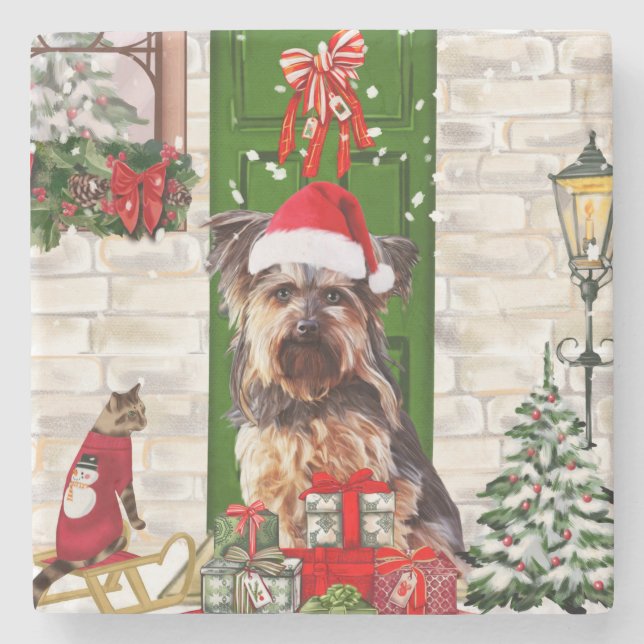 Dessous-de-verre En Pierre Noël du chien Yorkie (Devant)
