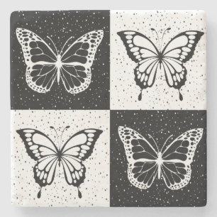 Dessous-de-verre En Pierre Noir blanc À damiers conception papillon