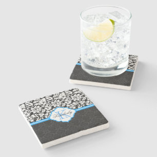 Dessous-de-verre En Pierre Noir Blanc & Bleu Vintage Damas florales
