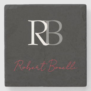 Dessous-de-verre En Pierre Noir moderne Noir Monogramme Initiales Nom
