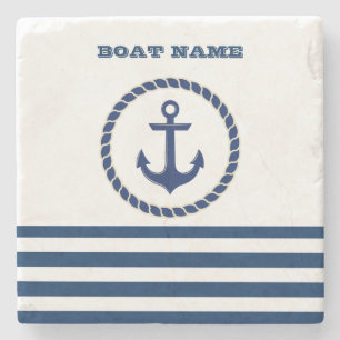 Dessous-de-verre En Pierre Nom de bateau nautique, ancre rayée bleu marine