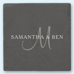 Dessous-de-verre En Pierre Nom de famille élégant Monogramme Noir, Gris & B