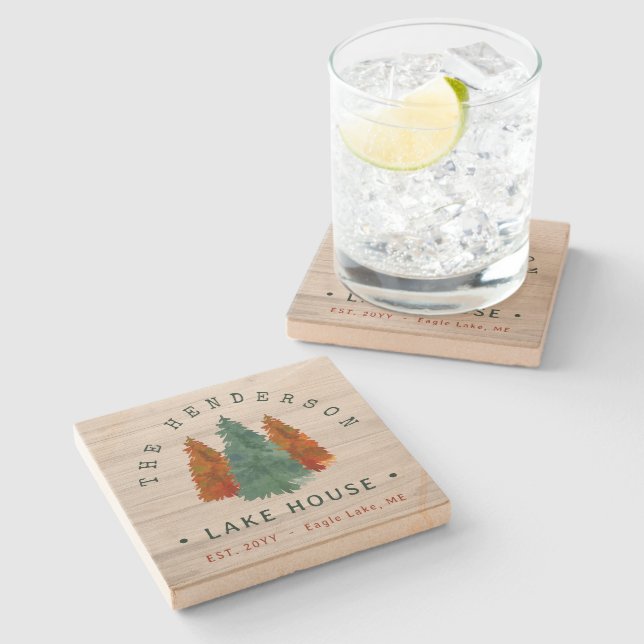 Dessous-de-verre En Pierre Nom de famille Lake House Pine Tree bois Personnal (Côté)