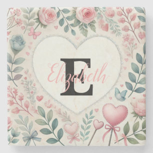 Dessous-de-verre En Pierre Nom de monogramme Coeurs Vintages aquarelle floral