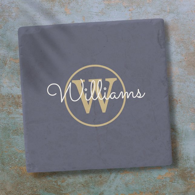 Dessous-de-verre En Pierre Nom de monogramme doré et bleu marine (Navy Blue Gold Monogram Script Name Stone Coaster)