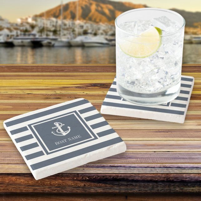Dessous-de-verre En Pierre Nom du bateau Ancre nautique Rayure bleu marine (Boat Name Nautical Anchor Navy Blue Stripe Stone Coaster)