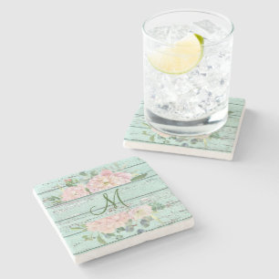 Dessous-de-verre En Pierre Nom du monogramme en bois vieilli avec Hydrangea B
