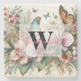 Dessous-de-verre En Pierre Nom du monogramme Fleurs tropicales Aquarelle feui