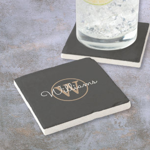 Dessous-de-verre En Pierre Nom en écriture manuscrite avec monogramme or noir