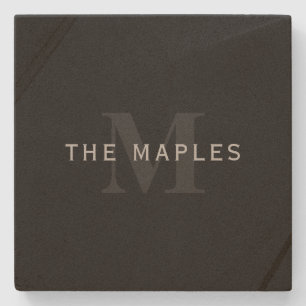 Dessous-de-verre En Pierre Nom et monogramme modernes   Gris et noir