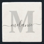 Dessous-de-verre En Pierre Nom initial du script de monogramme personnalisé<br><div class="desc">Élégant Monogramme personnalisé Nom de script Dessous de verre en pierre élégant</div>