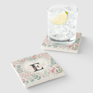Dessous-de-verre En Pierre Nom monogramme Cœurs floraux aquarelle vintage 