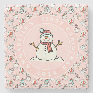 Dessous-de-verre En Pierre Nom rose de Noël du premier bébé de Snowman