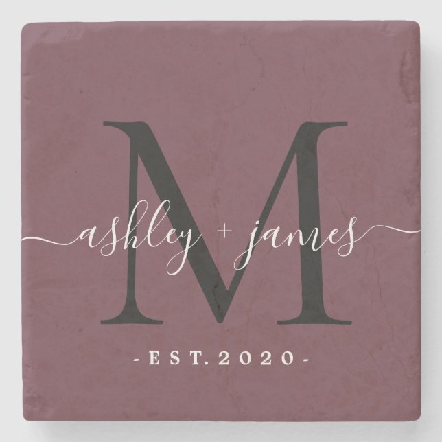 Dessous-de-verre En Pierre Noms de monogramme chic écriture Date de mariage B (Devant)