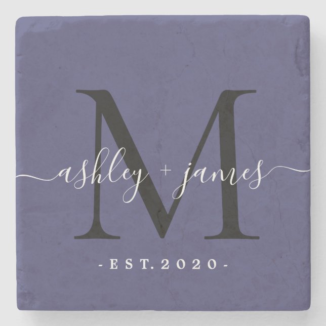 Dessous-de-verre En Pierre Noms de monogramme chic écriture Date de mariage B (Devant)