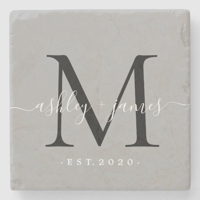 Dessous-de-verre En Pierre Noms de monogramme chic écriture Date de mariage G (Devant)