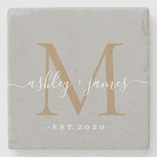 Dessous-de-verre En Pierre Noms de monogramme doré chic Date de mariage en éc