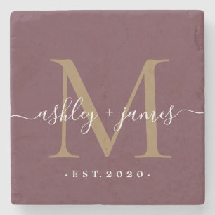 Dessous-de-verre En Pierre Noms de monogramme doré écriture Date de mariage B