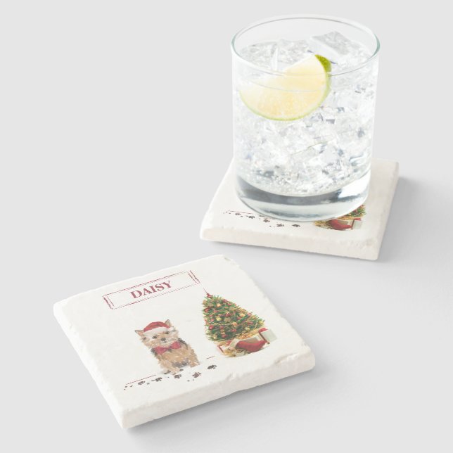 Dessous-de-verre En Pierre Norfolk Terrier Drôle chien de Noël avec arbre (Côté)