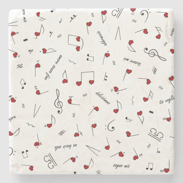 Dessous-de-verre En Pierre Notes d'amour Cœurs rouges Notation musicale (Devant)