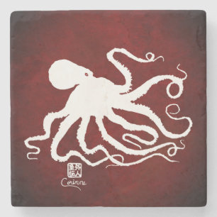 Dessous-de-verre En Pierre Octopus 6 blanc sur rouge - Dessous de verre en ma